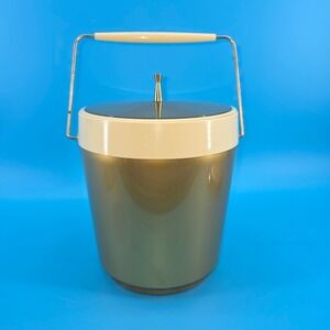 Vintage Mid Century Modern Gold Ice Bucket MCM Barware Cream‎ Trim Finial Lid